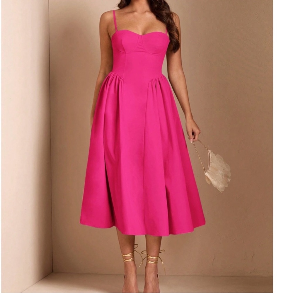 Classic Pink Solid High Waist Flared Cami Party Evening Dress XS S M L XL - Picture 2 of 3